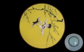 Imperial Yellow Ground Meiji Period Enamel Charger, Finely Detailed Depicting a Pair of Doves In