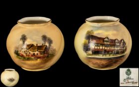 Royal Worcester Hand Painted Pair of Globular Shaped Small Vases ( 2 ) One with Painting of '