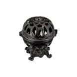 Cast Iron Victorian Counter Lidded String Holder In the Shape of a Felt Worked Ball.