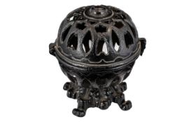 Cast Iron Victorian Counter Lidded String Holder In the Shape of a Felt Worked Ball.