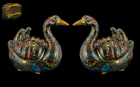 Pair of Chinese Antique Mandarin Duck Cloisonne Insense Burners with Detachable Lids to the Ducks