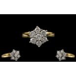 18ct Gold - Attractive 7 Stone Diamond Set Cluster Ring - Flower head Setting. Est Diamond 0.