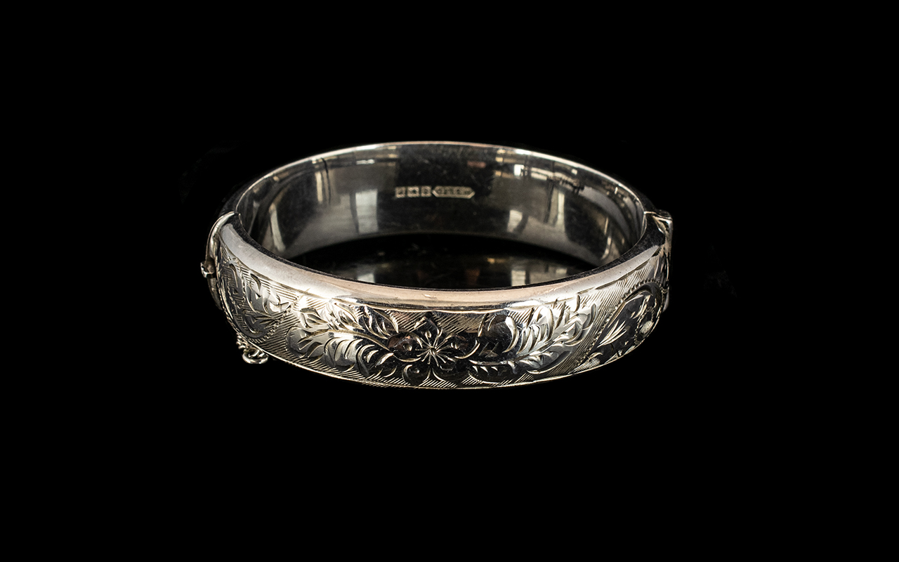 Heavy Silver Bangle with Safety Chain. Fully Hallmarked for Silver, Lovely Decoration Throughout.