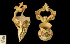 Royal Worcester Hand Painted Blush Ivory Ornate Wall Pocket with Floral Decoration.