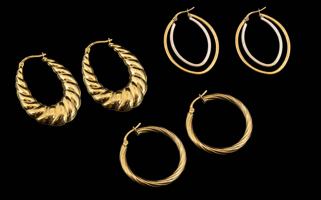 Ladies - Collection of 9ct Gold Hoop Earrings ( 3 ) Pairs In Total.