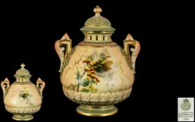 Royal Worcester Hand Painted Twin Handle Lidded Ovoid Shaped Vase,