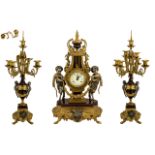 Large Italian Clock Garniture Louis XV-style Of lyre form with satyr supports flanked by