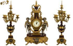 Large Italian Clock Garniture Louis XV-style Of lyre form with satyr supports flanked by