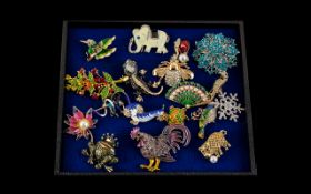 Great Collection of Colourful Brooches, Various Sizes, Subjects and Shapes, To Include Hen, Pig,