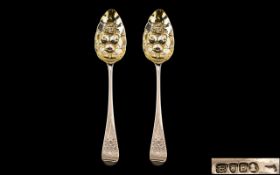 George III - Superb Pair of Sterling Silver Berry Spoons with Gilt Bowls,