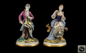 French Late 19th Century Pair of Hand Painted Porcelain Figure ' Courting Couple ' In 18th Century