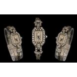 Art Deco Period - Ladies Mechanical 9ct White Gold and Platinum Diamond Set Cocktail Watch and