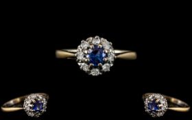 Antique Period 18ct Gold and Platinum Diamond and Blue Sapphire Set Cluster Ring.