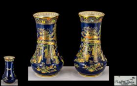 Carlton ware Fine Pair of 1930's Chinoiserie Pattern Vases ' Chinese Figures ' Pattern.