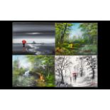 Set of ( 4 ) Modern Oil Paintings on Canvas ( Unframed ) Depicting River Landscapes with Figures