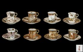 Set of 8 Antique Japanese Teacups and Saucers, In the Kutani Palette,