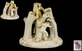 Royal Worcester Hand Painted Figural Spill Vase - Boy and Girl Playing Hide and Seek In a Forrest