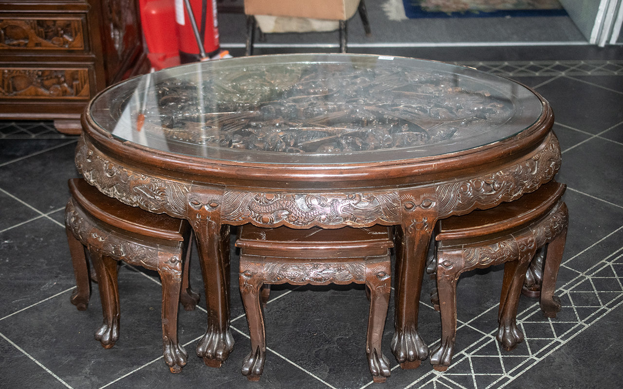 Chinese Carved Hardwood Nest Of Tables, Oval Shaped,