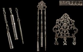 Victorian Period Superb Sterling Silver Chatelaine with Attached Accessories.