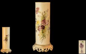 Royal Worcester Hand Painted Blush Ivory Floral Vase of Cylindrical Form with Decorated Images of