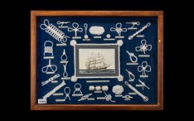 A Naval Glazed Plaque showing the types of rope knots with a watercolour to the centre depicting a