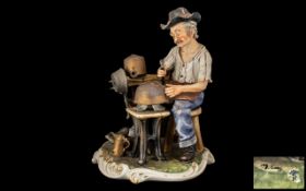 Capodimonte Figure Group of the Village Tim Smith Sitting Making Cooking Pots. Signed M. Lody.