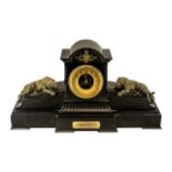 French Black Marble Antique Mantle Clock, the sides of the clock supported by a pair of bronze