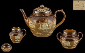 Doulton Lambeth Brown Glazed Stoneware and Silver Banded Rimmed ( 4 ) Piece Tea Service ' Harvest '