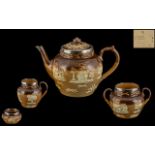 Doulton Lambeth Brown Glazed Stoneware and Silver Banded Rimmed ( 4 ) Piece Tea Service ' Harvest '