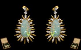 A Superb Pair of Star-burst Design 18ct Gold Opal and Diamond Set Pair of Earrings of Large and