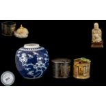 Collection of Chinese Items. Ginger Jar with Double Circle to Base, Paper Mache Pot with Warrior