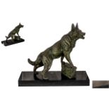 L. Carvin Art Deco Sculpture of Dog on Marble Base large French art deco dog, signed on marble 'L,