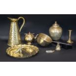 A Collection of Assorted Brass Ware to include pitcher, pan, candlesticks,