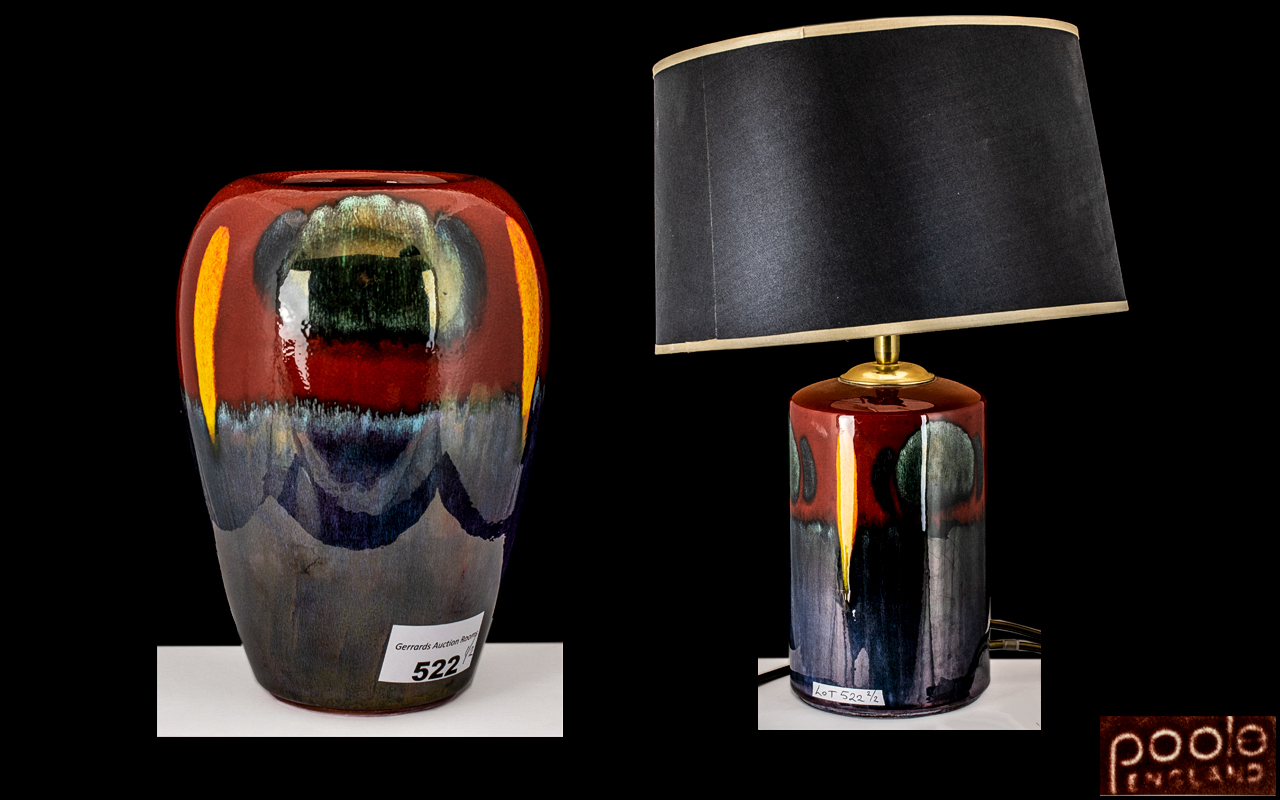 Two Modern Poole Abstract Glazed Vases one converted into a lamp.