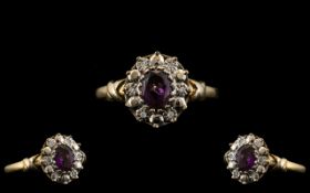 9ct Gold Amethyst Ring, Good Design Throughout, Surrounded by White Stones.