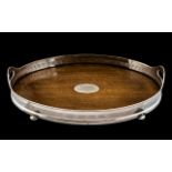Art Deco Period Superb Quality Silver Plated Oval Shaped Two Handle Gallery Tray with Polished Oak