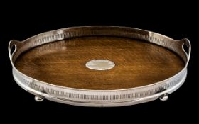 Art Deco Period Superb Quality Silver Plated Oval Shaped Two Handle Gallery Tray with Polished Oak