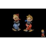 Goebel - Early and Scarce Hand Painted Boy and Girl Skiers Figural Salt and Pepper Shakers,