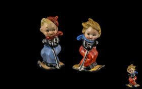 Goebel - Early and Scarce Hand Painted Boy and Girl Skiers Figural Salt and Pepper Shakers,