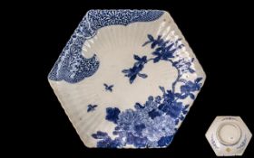 Japanese Meiji Period Hexagonal Shaped Fluted Dish decorated in under-glazed blue, depicting flowers