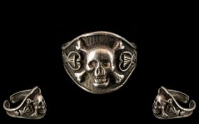 Antique Silver Skull and Crossbones Ring with Further Symbols to the Shank ( Unmarked ) Please See