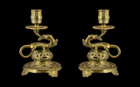 A Fine Pair of 19th Century Bronze Figural Dragon Candlesticks of Wonderful Design and Form,