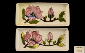 Moorcroft - Tube lined Pair of Rectangular Shaped Pin Dishes ' Coral Hibiscus ' Pattern on Cream