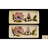 Moorcroft - Tube lined Pair of Rectangular Shaped Pin Dishes ' Coral Hibiscus ' Pattern on Cream