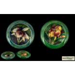 Moorcroft Two Small Circular Inverted Pin Dishes In ' Orchids and Lilies ' Design on Emerald Green