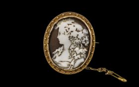 Antique Period Shell Cameo Brooch Set In a 15ct Gold Oval Shaped Ornate Mount with 15ct Gold