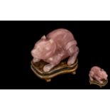 Chinese 19th Century Superb Carved Rose Quartz Unusual and Scarce Figure of a Cat with Later Made