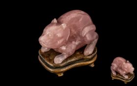 Chinese 19th Century Superb Carved Rose Quartz Unusual and Scarce Figure of a Cat with Later Made