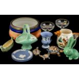 A Small Collection of Ceramics including three Blue Jasperware Wedgwood dishes, Sylvac jugs,