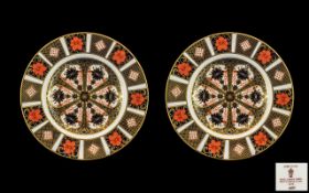 Royal Crown Derby Pair of Hand Painted Imari Pattern Single Gold Band Cabinet Plates.